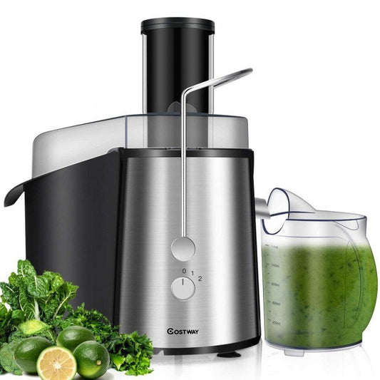 Electric centrifugal juice extractor with tall feed tube and speed control on stainless base
