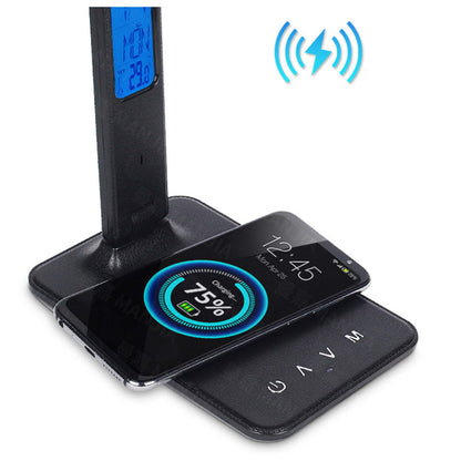 Black charging dock with phone, blue 58% display, and wireless signal icon
