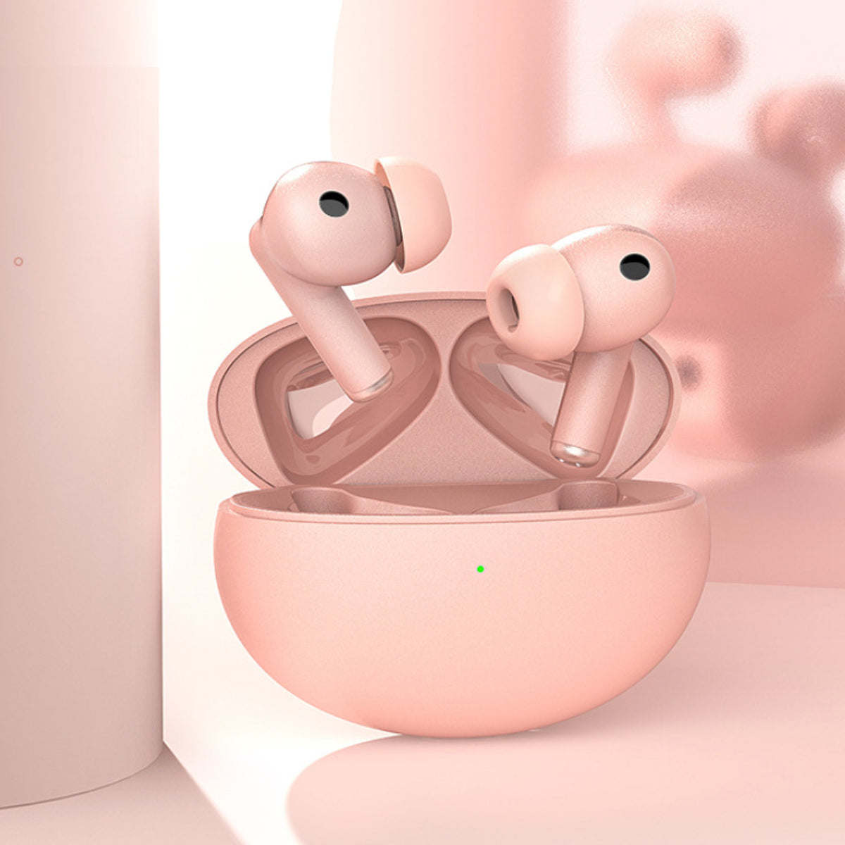 Pearl pink wireless earbuds with charging case, earbuds seated inside