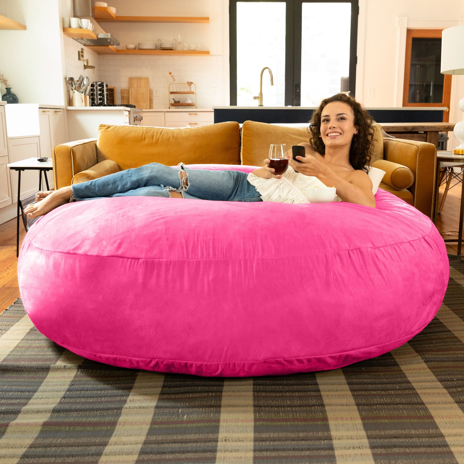 Fuchsia microsuede cocoon bean bag chair, large rounded seat with smooth fabric