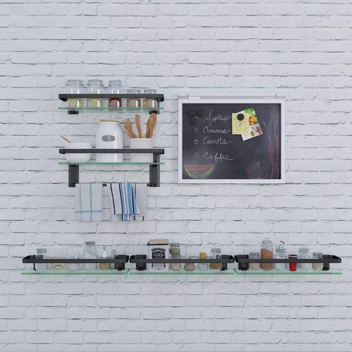 Wall-mounted 2-tier glass bathroom shelf with towel holder, clear glass and black frame