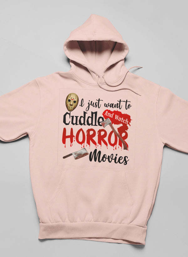 Pink hoodie with front pocket and "Cuddle Horror Movies" graphic