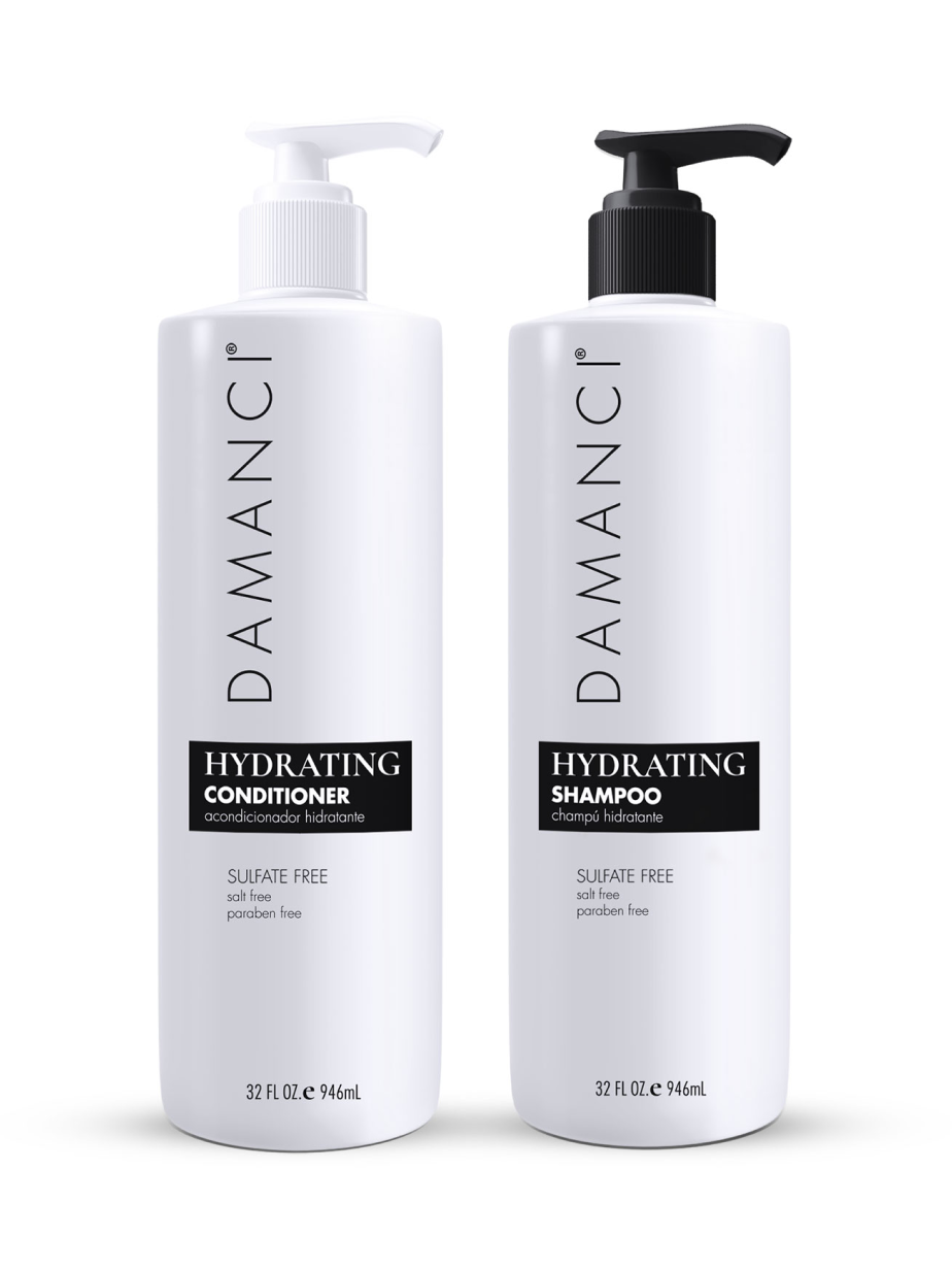 Hydrating shampoo and conditioner pump bottles, white with white and black pumps