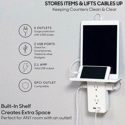 White wall outlet with built-in shelf, 6 AC outlets and 2 USB ports