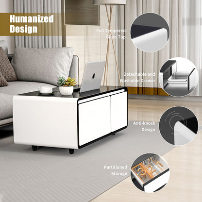 Modern Smart mini Coffee Table with Built in Fridge;  Outlet protection; Wireless charging module; Mechanical temperature control; Power socket; USB interface And power interface.