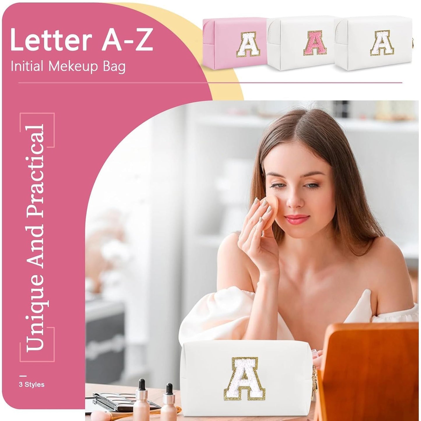 Small Personalized Initial A-Z Preppy Patch Makeup Bag,White PU Chenille Letter Travel Cosmetic Pouch with Zipper,Cute Toiletry Bag,Gift Ideal for Teen Girls Women Teacher Bridesmaid,Letter A