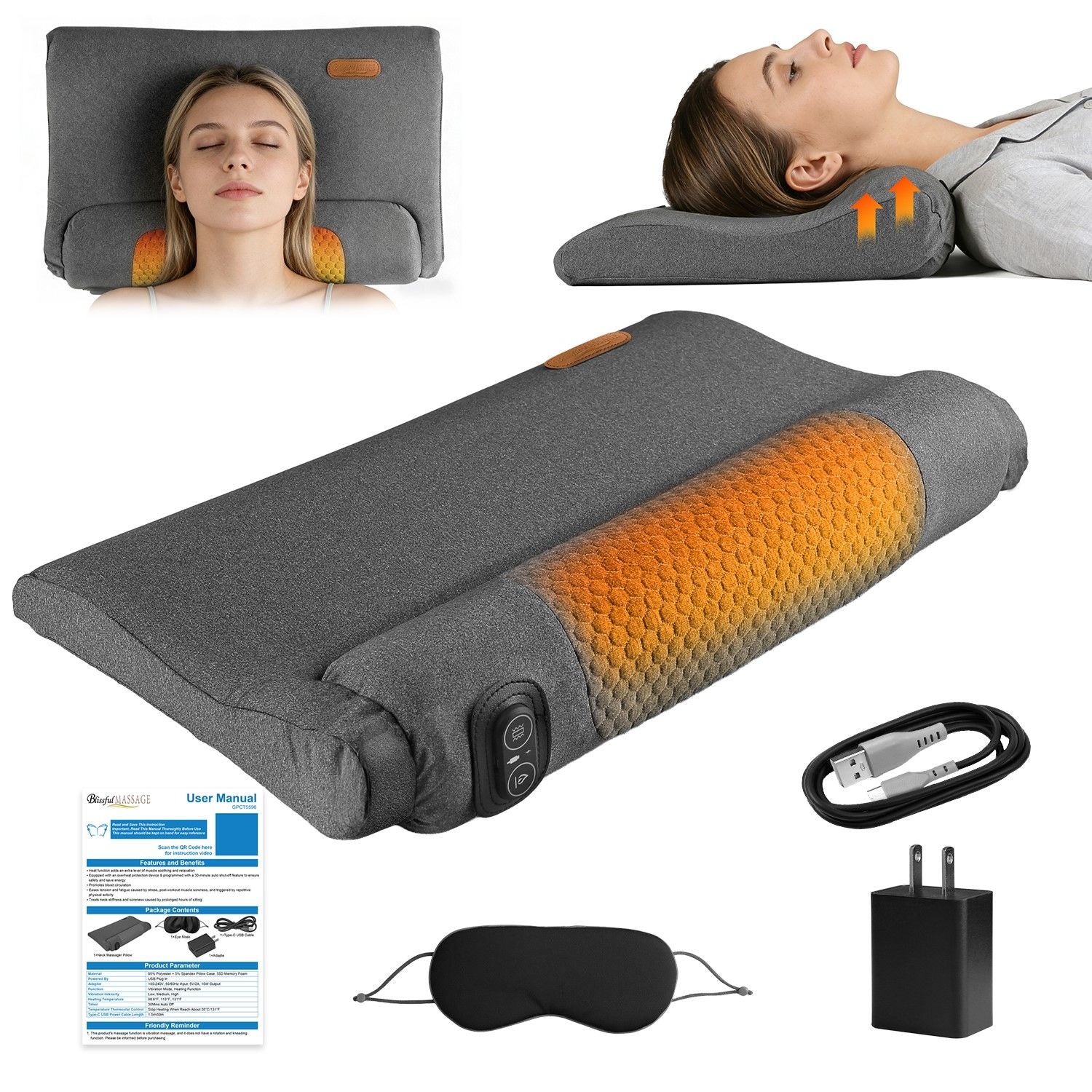 Dark grey neck massager pillow showing heated honeycomb warmth and vibration control