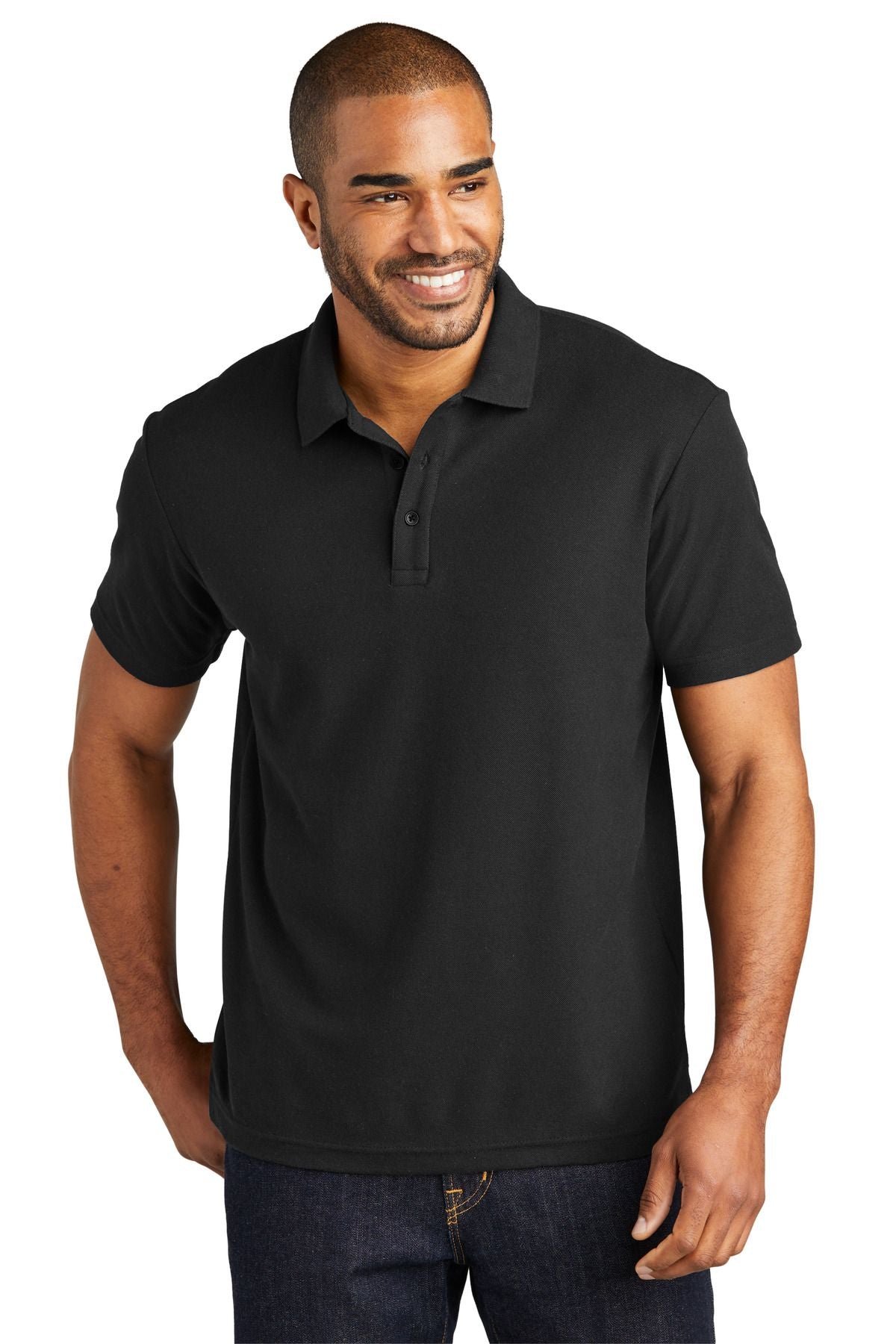 Cotton blend pique polo shirt in black with short sleeves and button placket