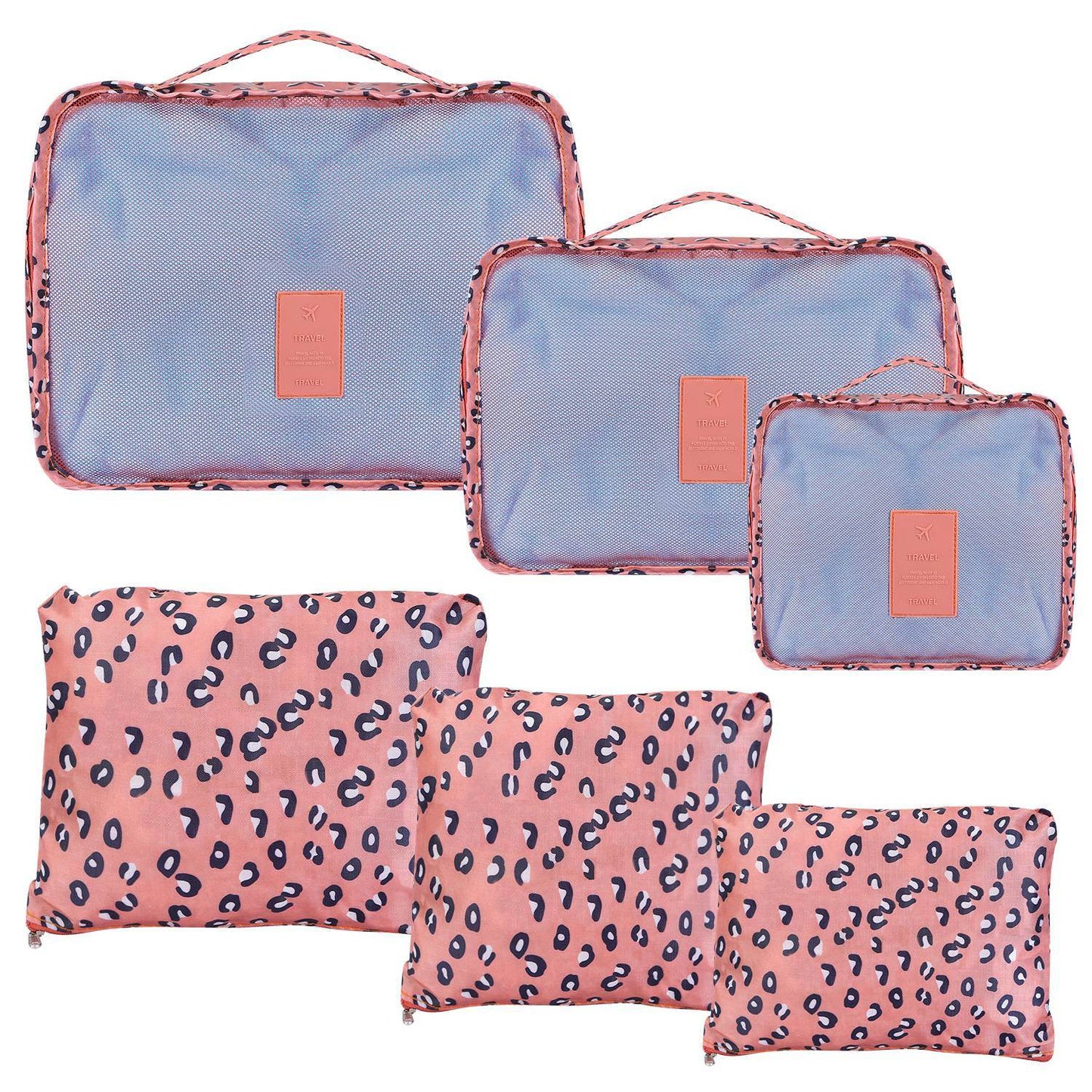 Leopard print packing cube set with light blue and coral zip pouches