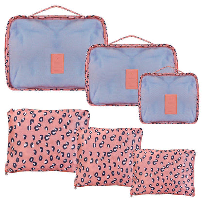 Leopard print packing cube set with light blue and coral zip pouches