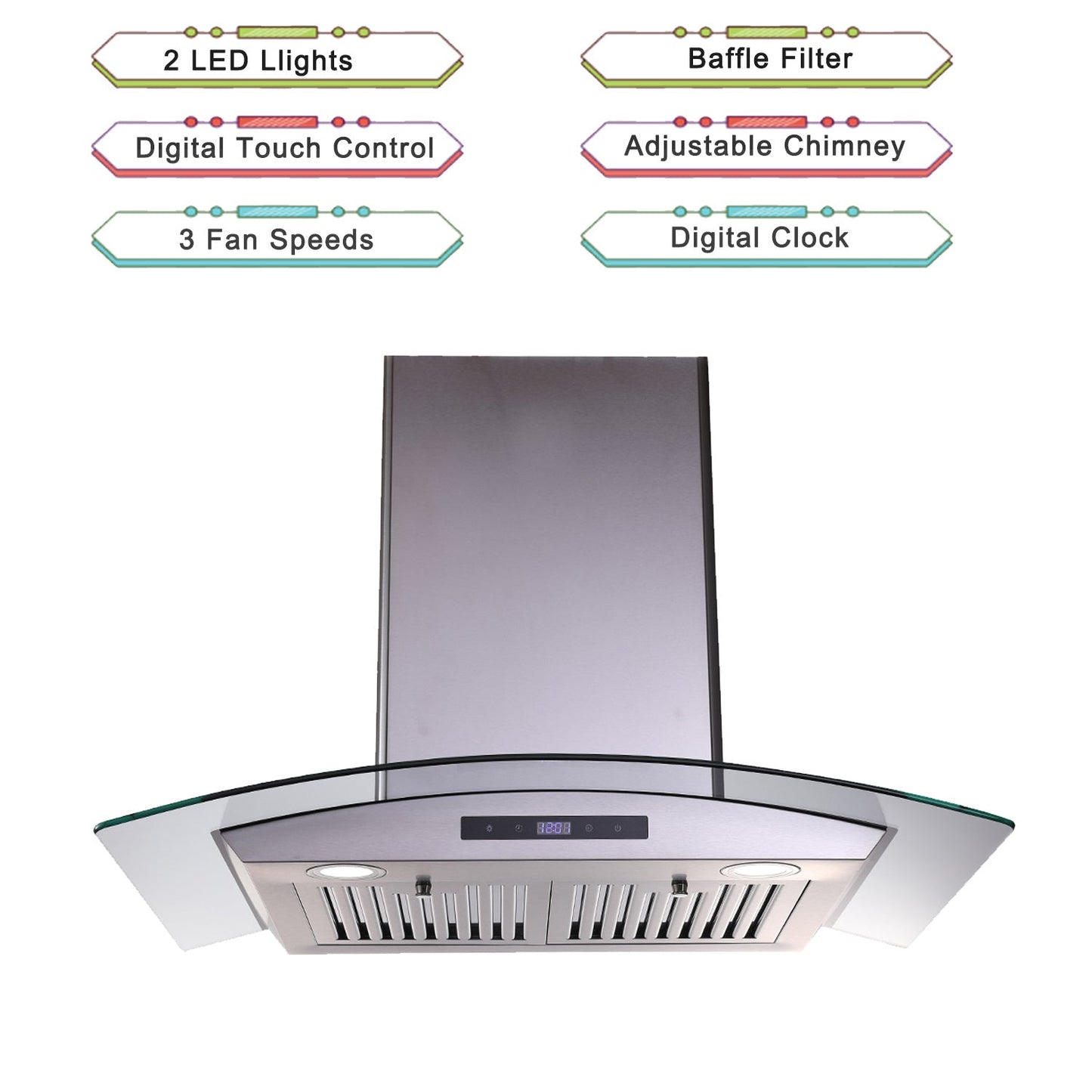 30-inch wall mounted range hood with stainless steel chimney, digital touch control panel, filter vents