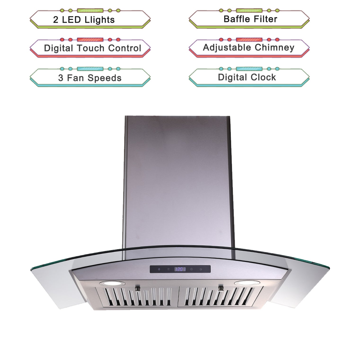 30-inch wall mounted range hood with stainless steel chimney, digital touch control panel, filter vents