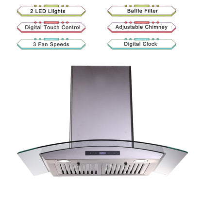 30-inch wall mounted range hood with stainless steel chimney, digital touch control panel, filter vents