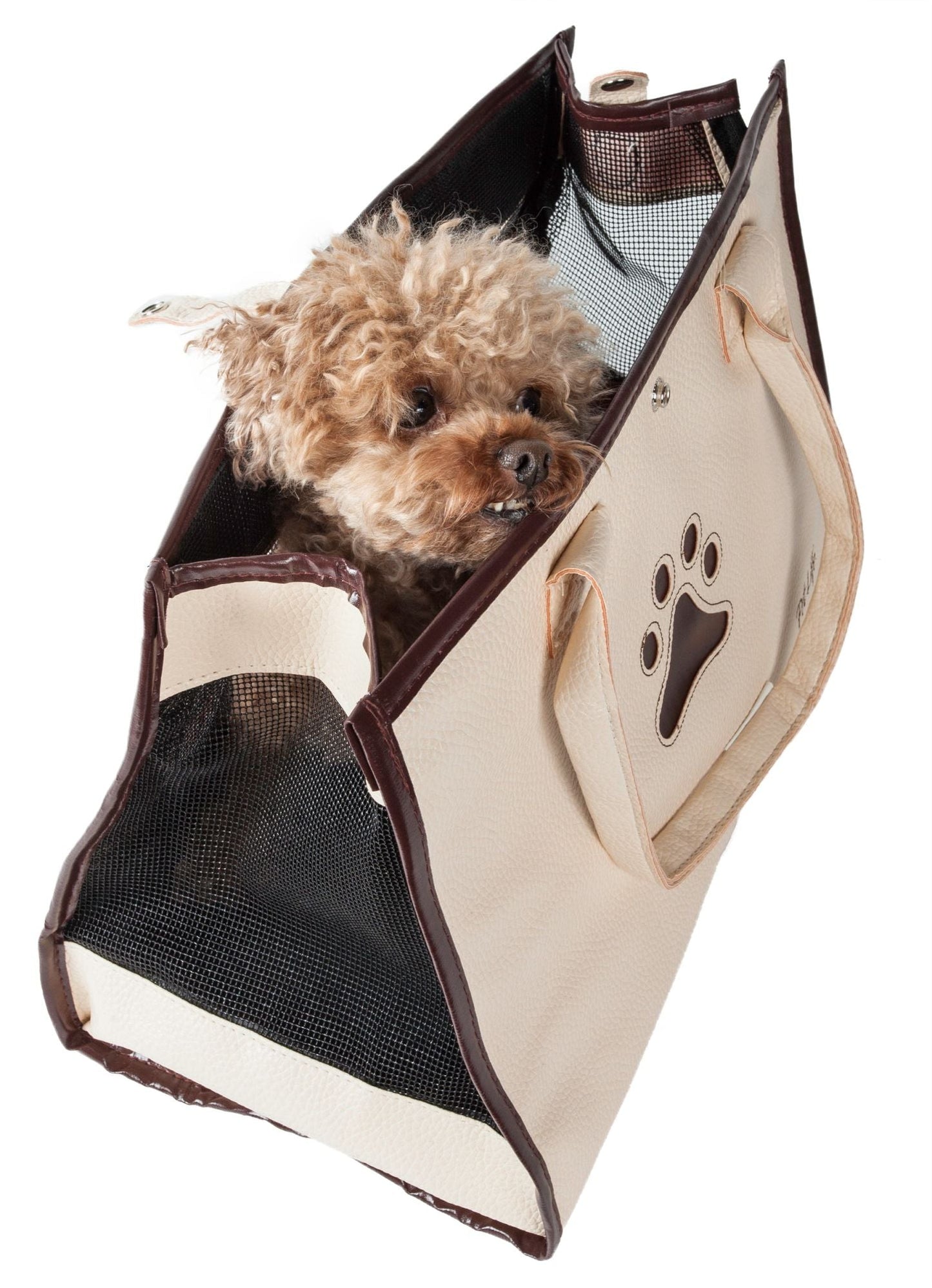 Cream pet carrier with brown trim, side mesh windows and paw logo.