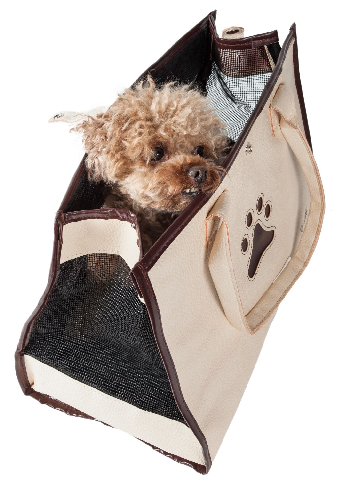 Cream pet carrier with brown trim, side mesh windows and paw logo.
