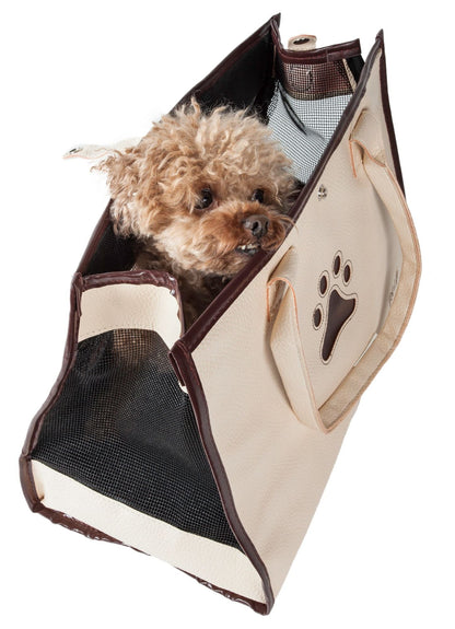 Cream pet carrier with brown trim, side mesh windows and paw logo.