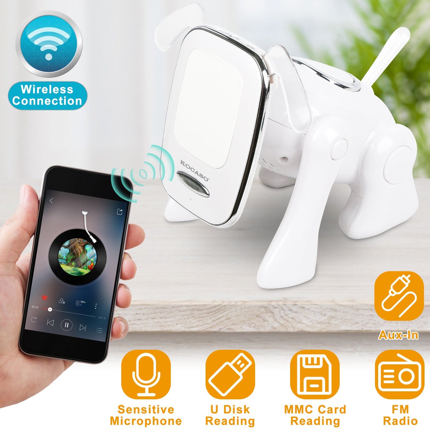 White puppy-shaped wireless speaker with chromed front panel, held near smartphone