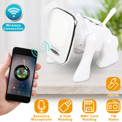 White puppy-shaped wireless speaker with chromed front panel, held near smartphone