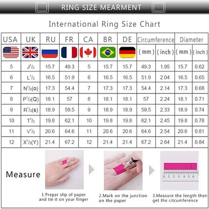 International ring size chart showing USA, UK, RU, FR, CA, BR, DE circumferences