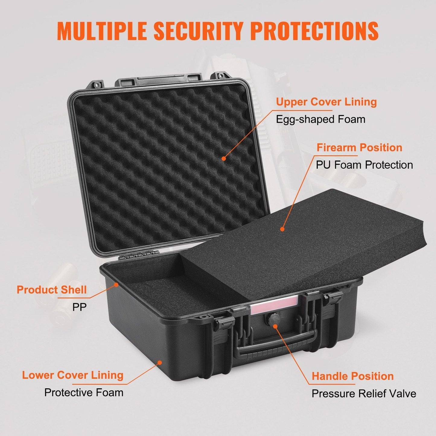 VEVOR Hard Pistol Cases with Pre-cut PU Foam, Waterproof & Dustproof Hard Gun Case for 6 Pistol, 19.3×17.1×8.3 in Lockable Pistol Case, Black