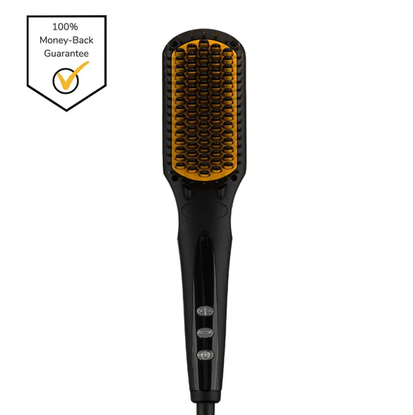 Electric hot comb hair straightener brush with heated ionic bristles and handle