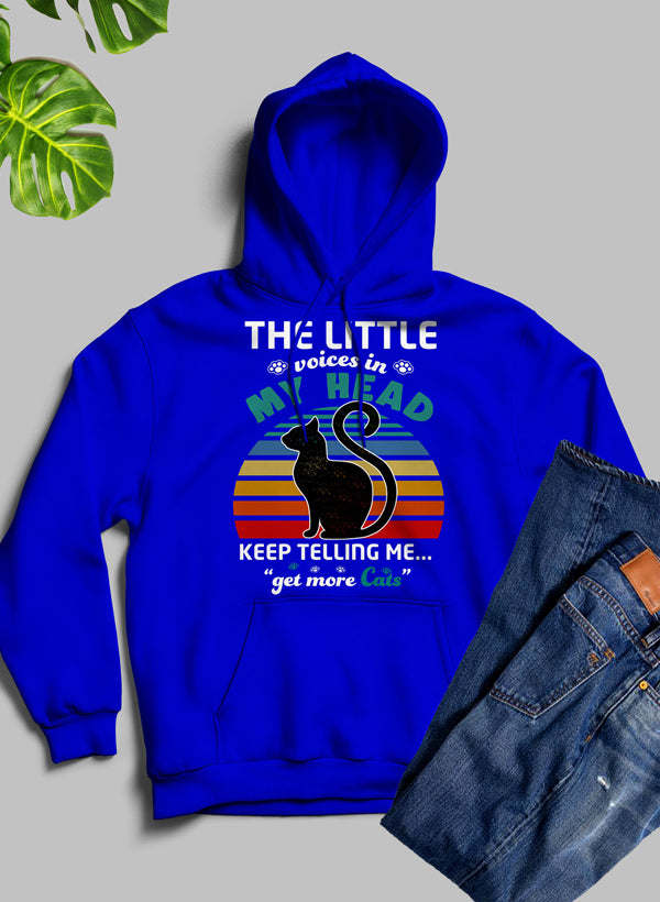Blue pullover hoodie with hood up and centered cat graphic with striped sunrise text