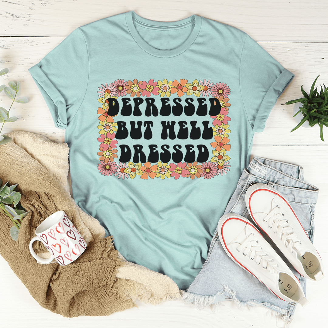 Teal crewneck T-shirt with floral 'Depressed But Well Dressed' print