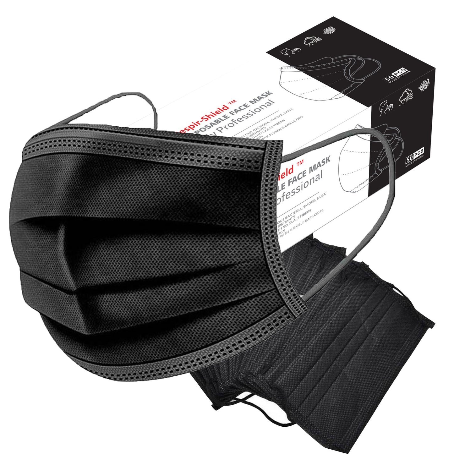 Black disposable 3-ply face masks with elastic ear loops, shown in a pair