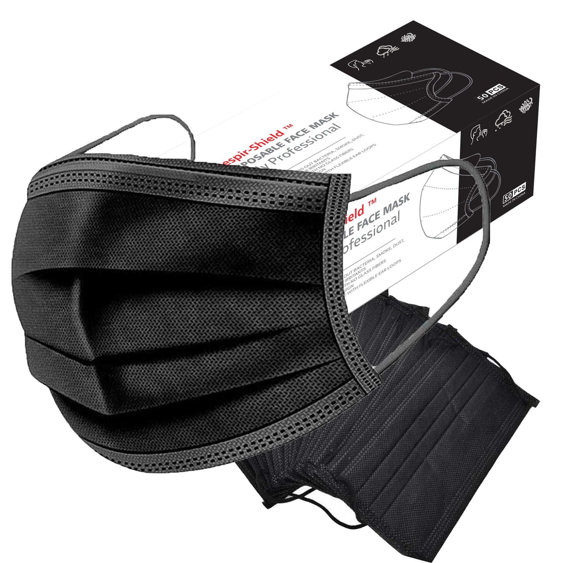 Black disposable 3-ply face masks with elastic ear loops, shown in a pair