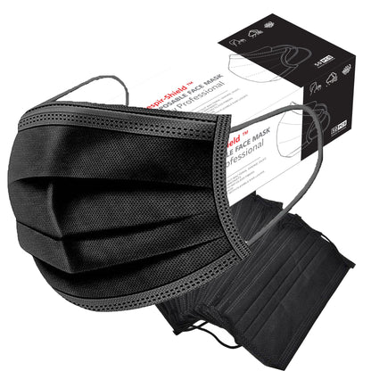 Black disposable 3-ply face masks with elastic ear loops, shown in a pair