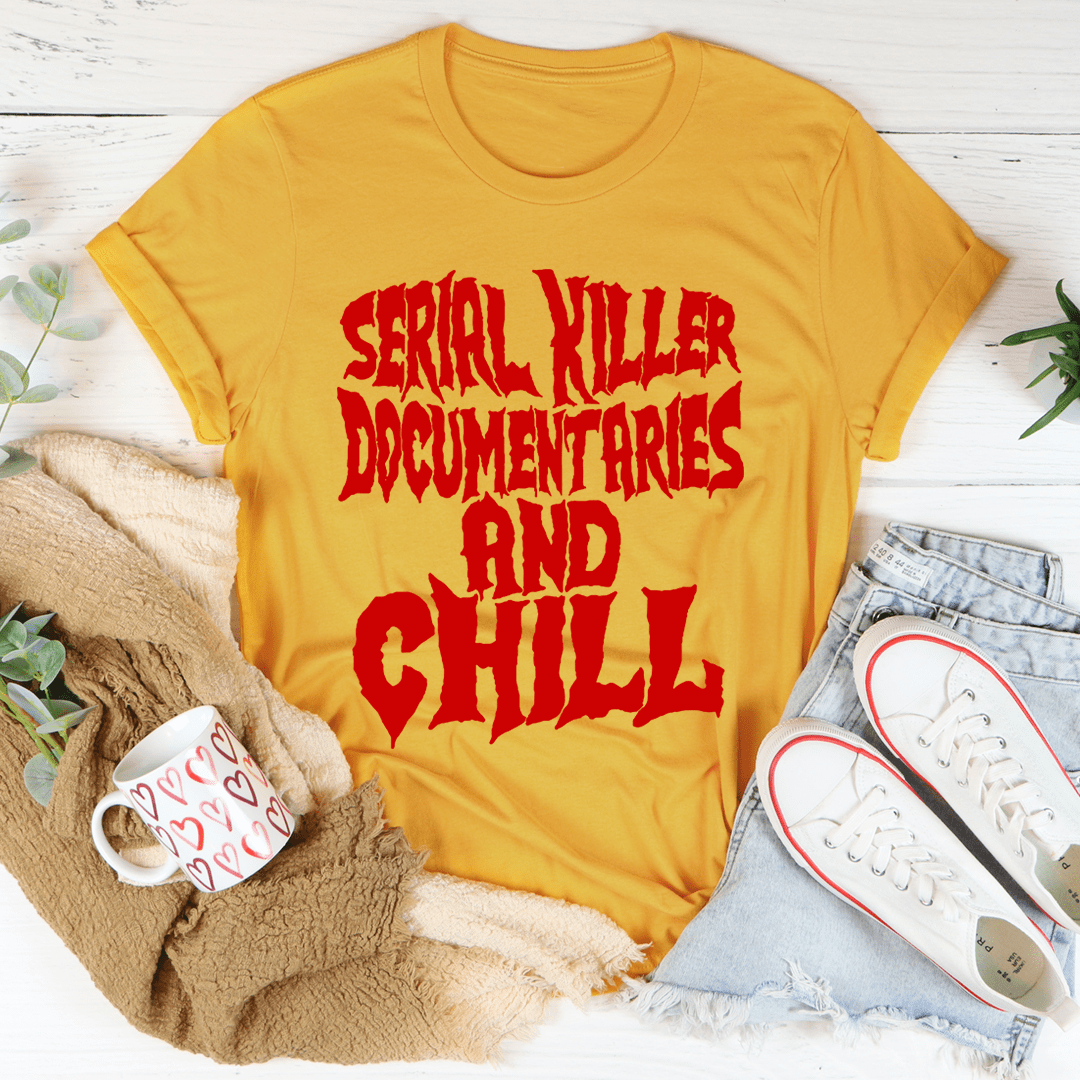 Mustard yellow crew-neck T-shirt with red 'Serial Killer' graphic