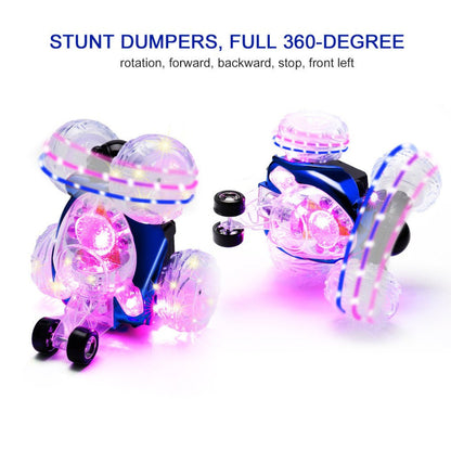 Remote control stunt car with clear bubble wheels, pink LED headlights, 360° style