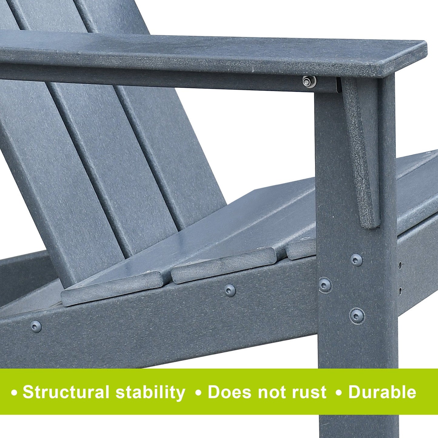 Dark grey Adirondack chair arm and slat support detail with bolts