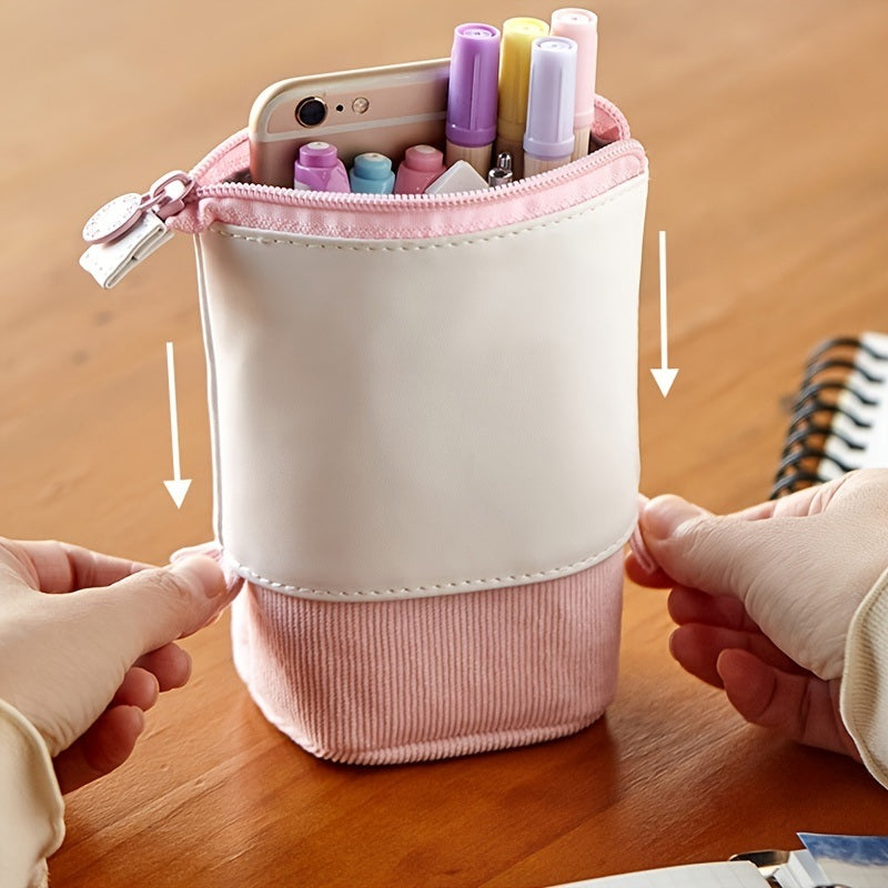 Telescopic stationery case, white body with pink corduroy sleeve, zipper and snap tab