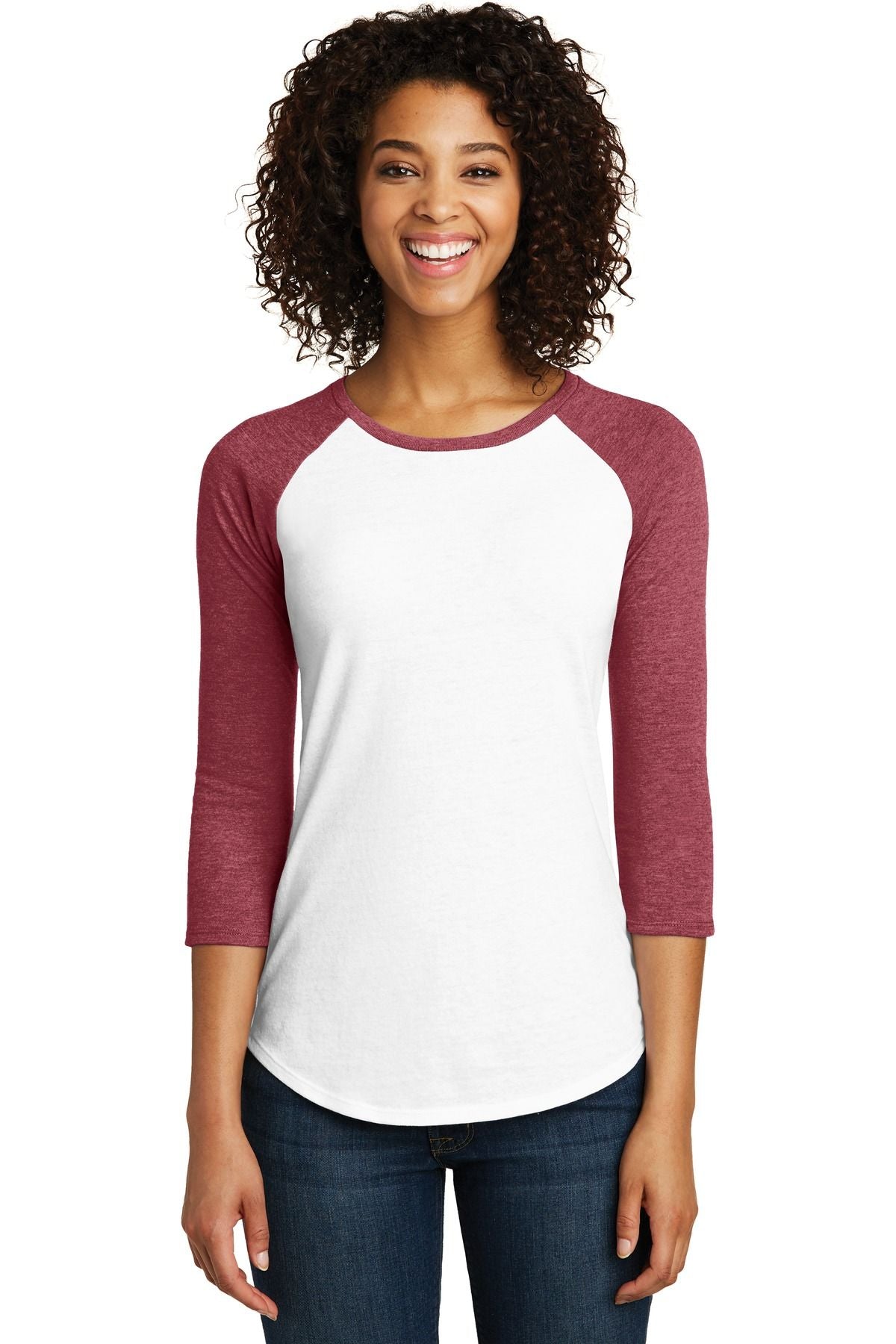 Women’s 3/4 raglan tee with white body and maroon sleeves