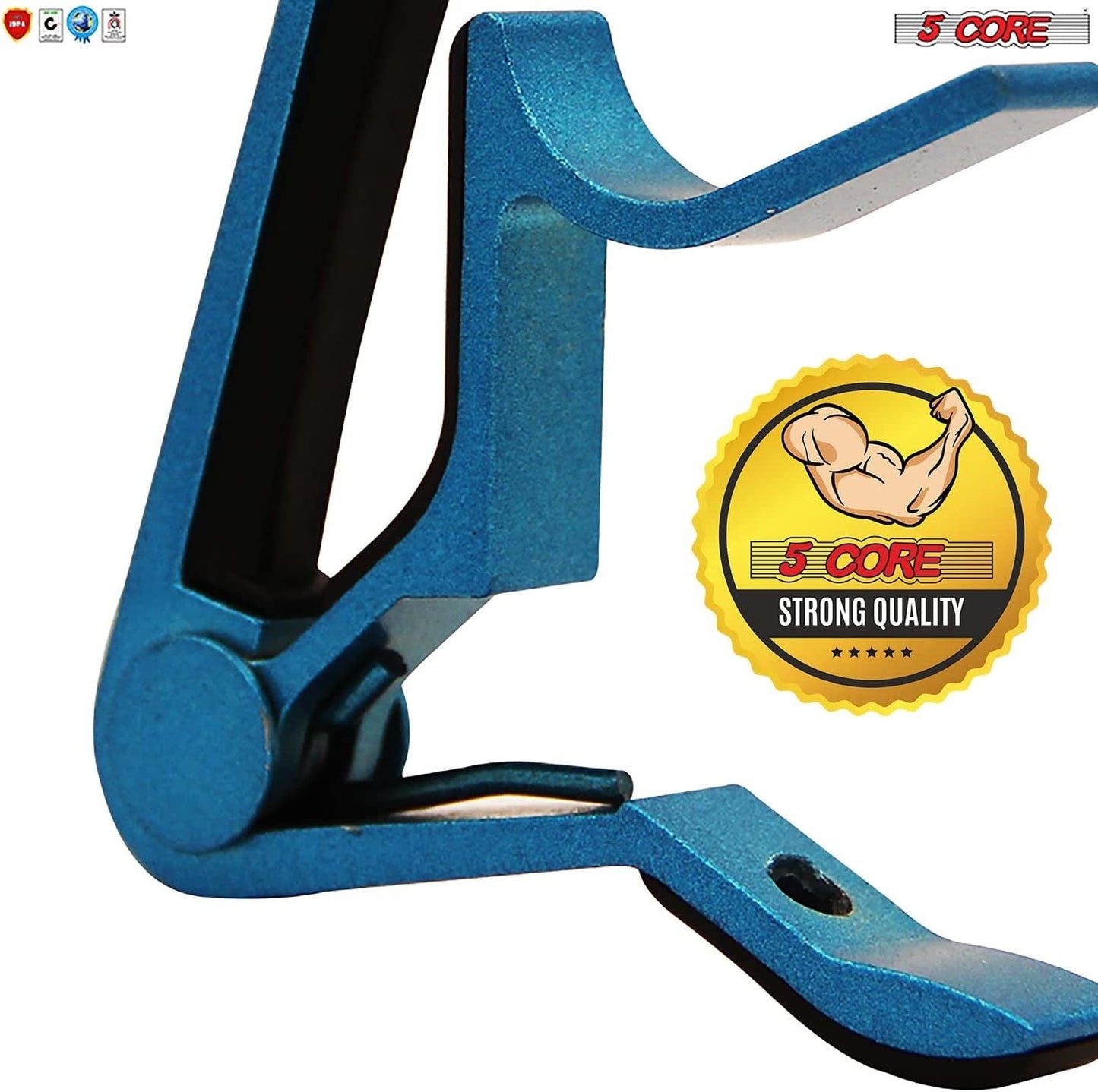 Blue guitar capo clip with black contact pad and long pressure arm