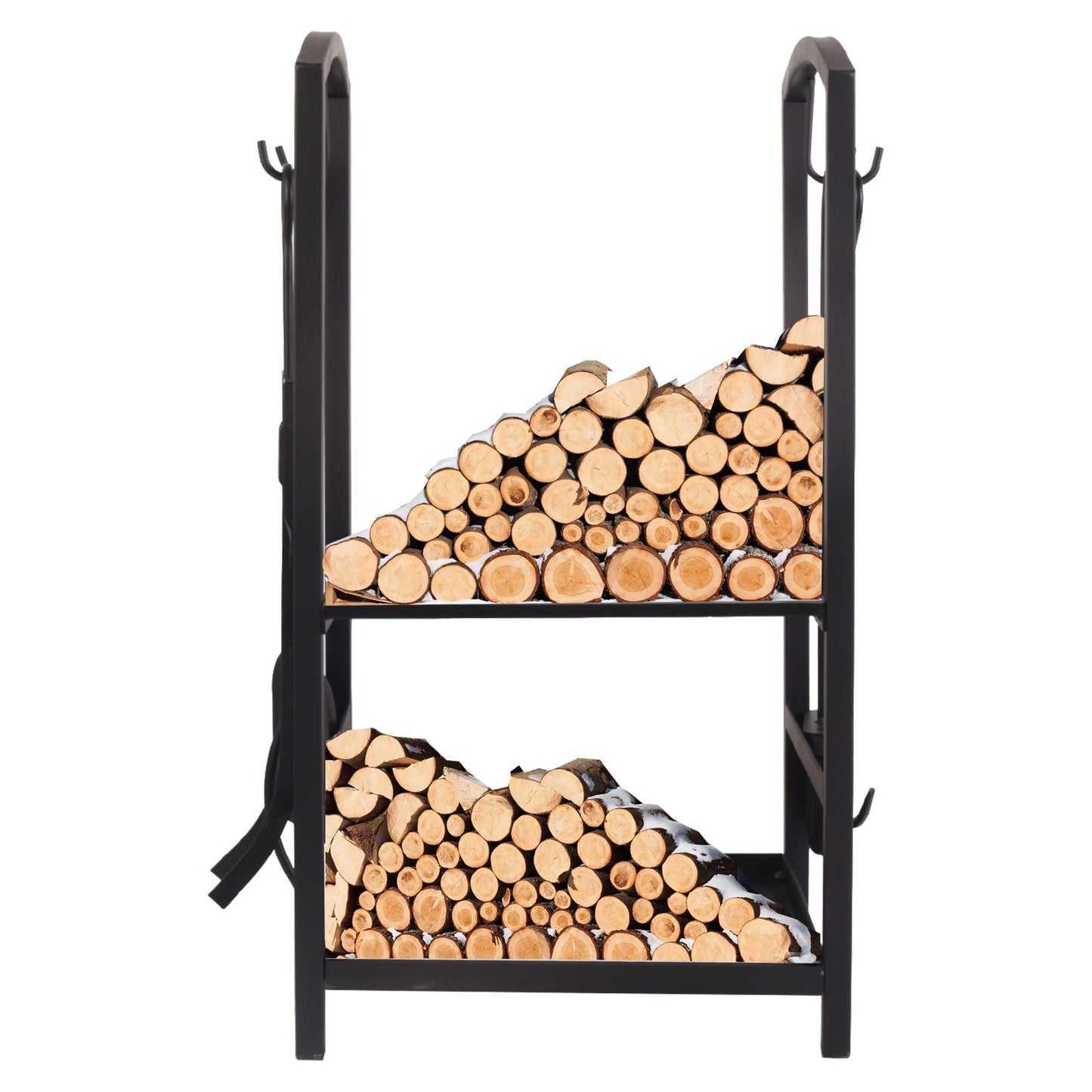 Black firewood rack filled with stacked round firewood logs