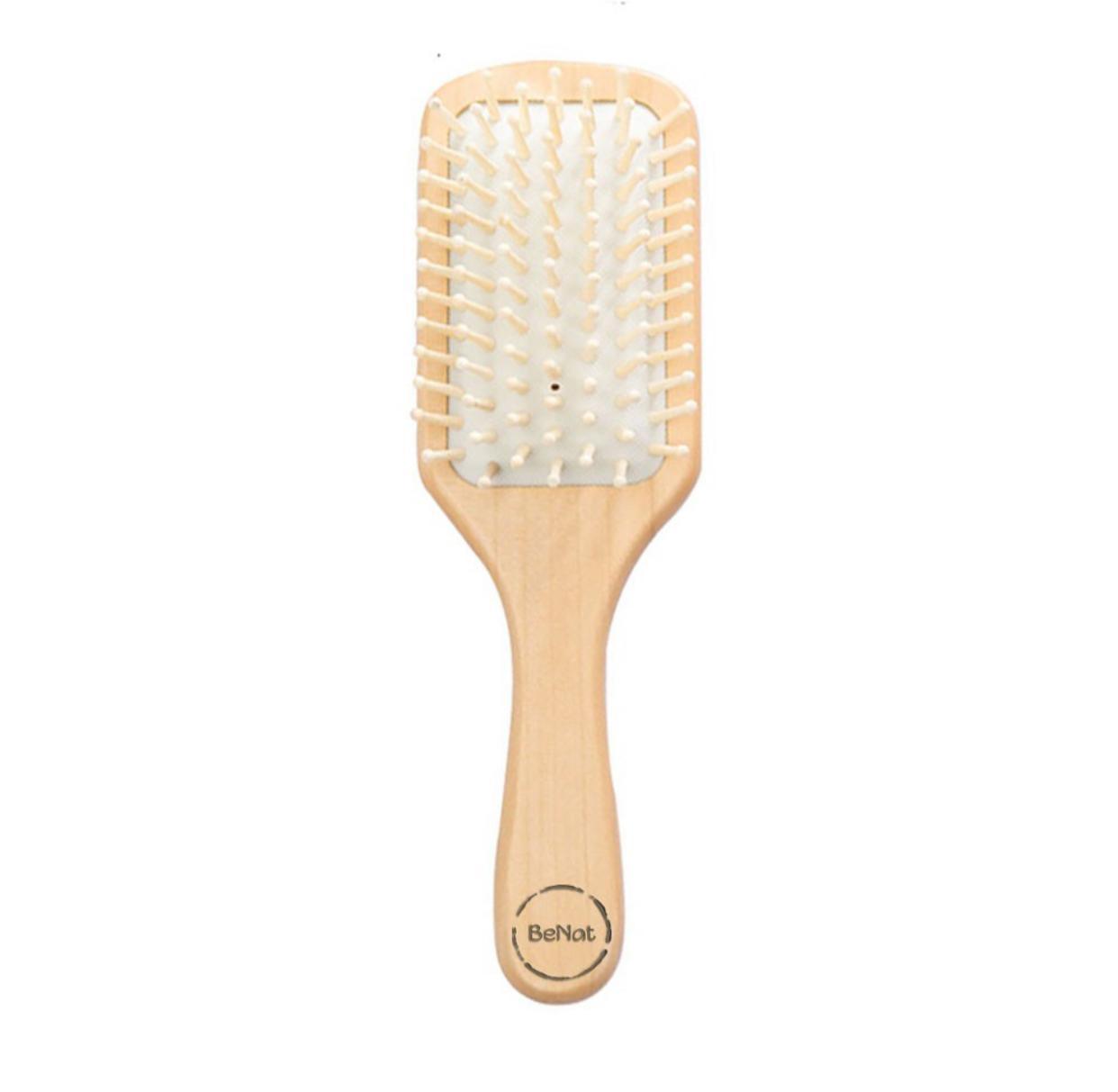 Natural wooden detangling hair brush with rounded white bristles
