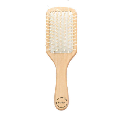 Natural wooden detangling hair brush with rounded white bristles
