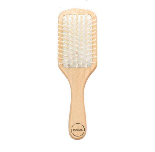 Natural wooden detangling hair brush with rounded white bristles