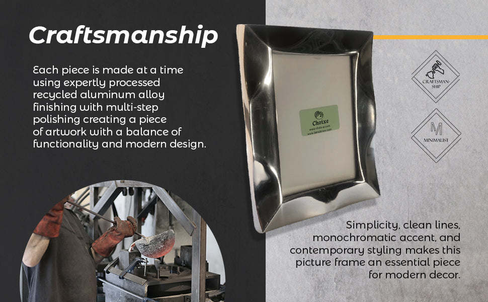 Silver picture frame with smooth metal edges and tabletop design