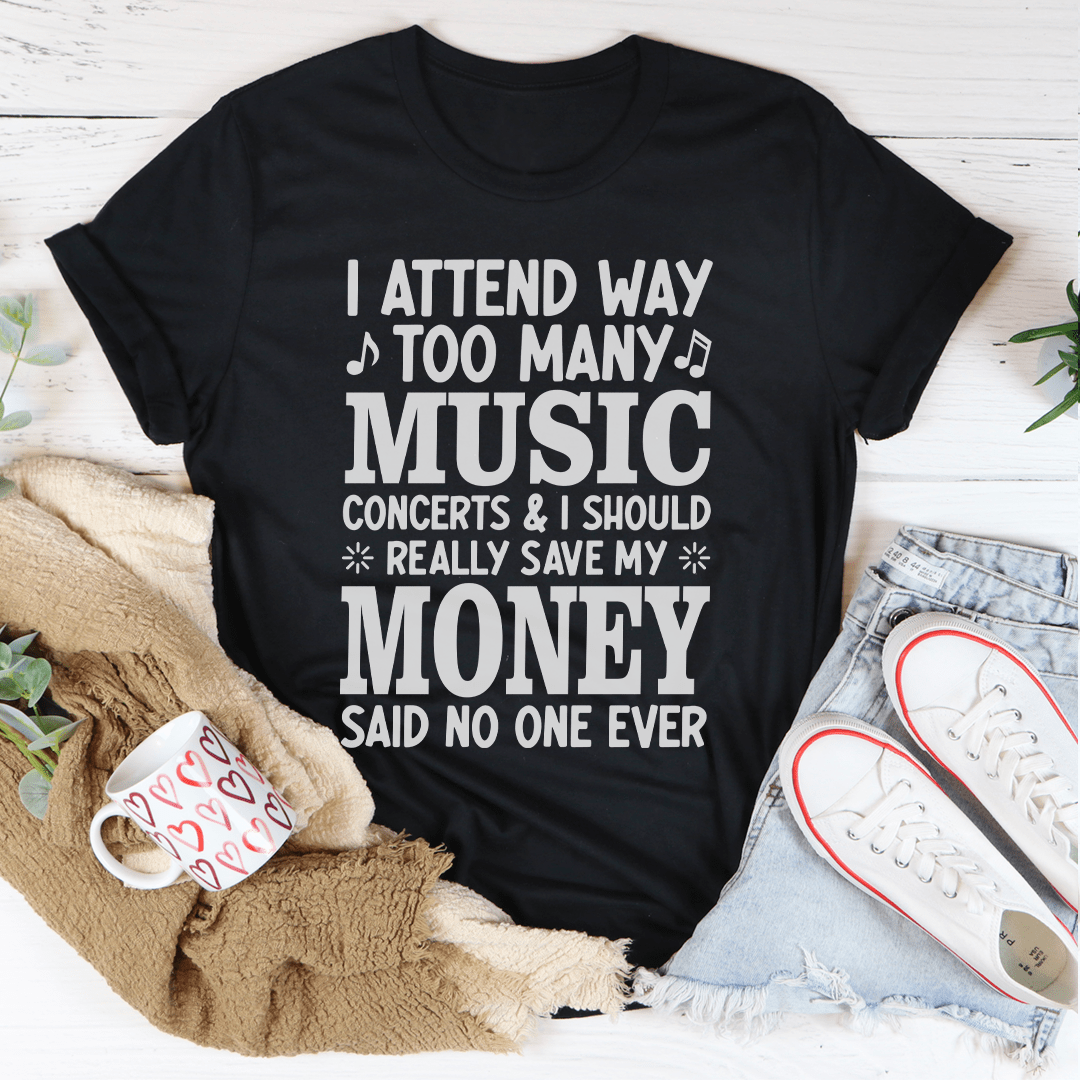 Black graphic music concert slogan T-shirt with bold MUSIC text