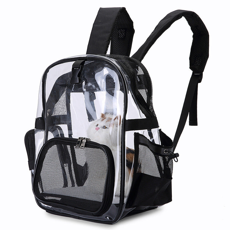 Transparent pet backpack carrier with mesh windows and black fabric shell