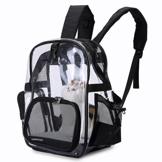 Transparent pet backpack carrier with mesh windows and black fabric shell