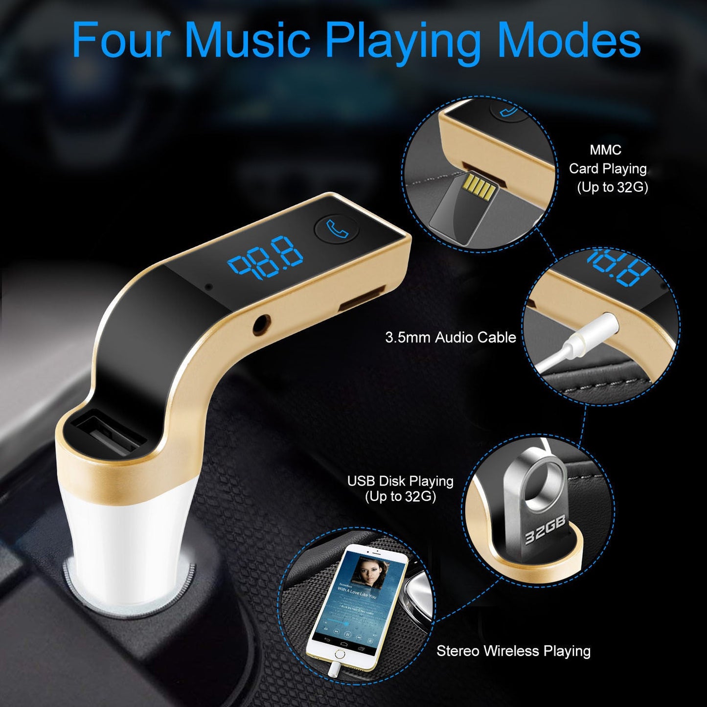 Gold car FM transmitter with LCD frequency, audio cable, and USB and card playback ports