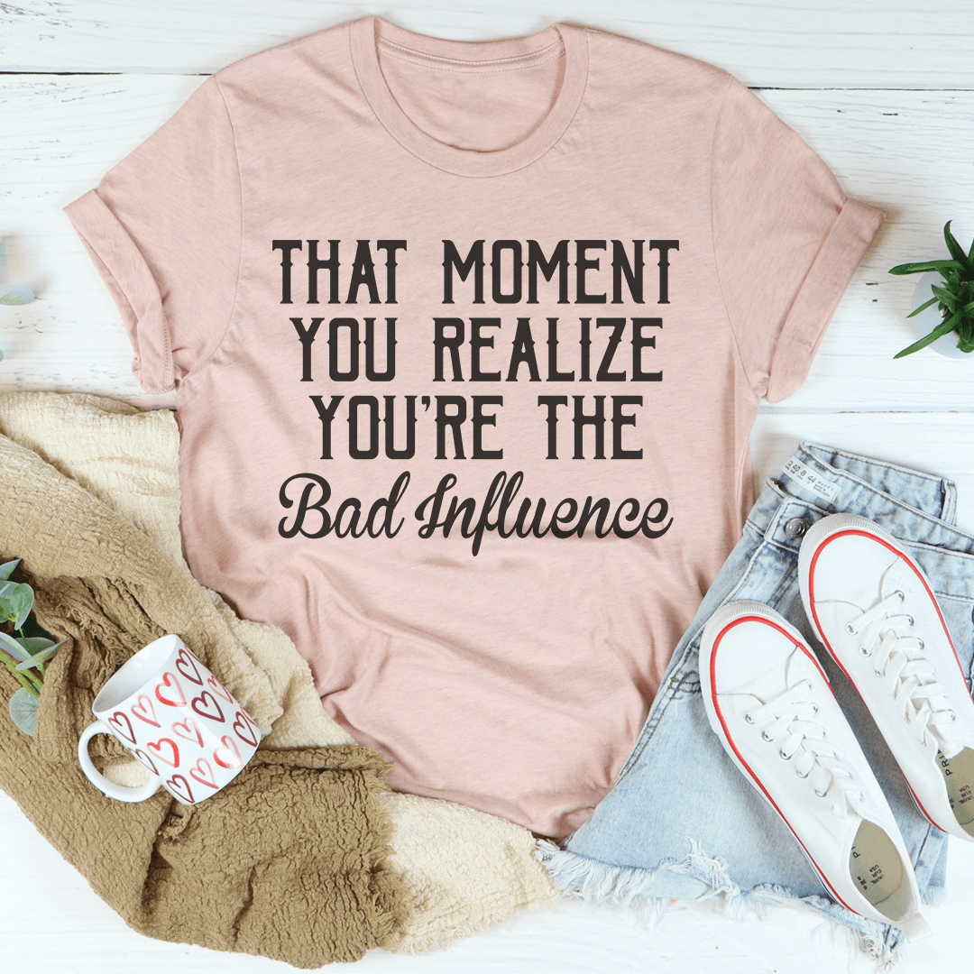 Mauve short-sleeve T-shirt with typographic quote and “Bad Influence” print