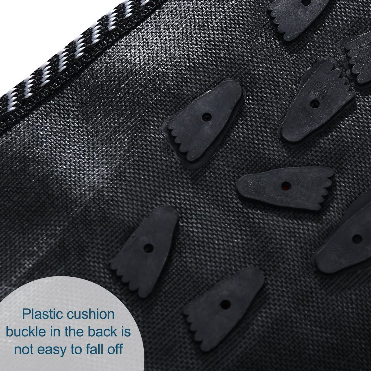 Foot pressure and massage mat back with gray plastic clips and textured fabric