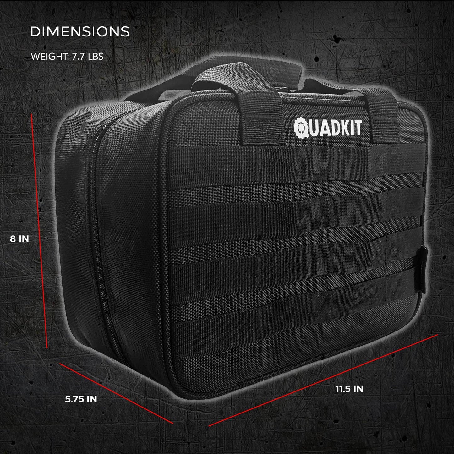 Black emergency kit storage bag with webbing panels and QUADKIT branding