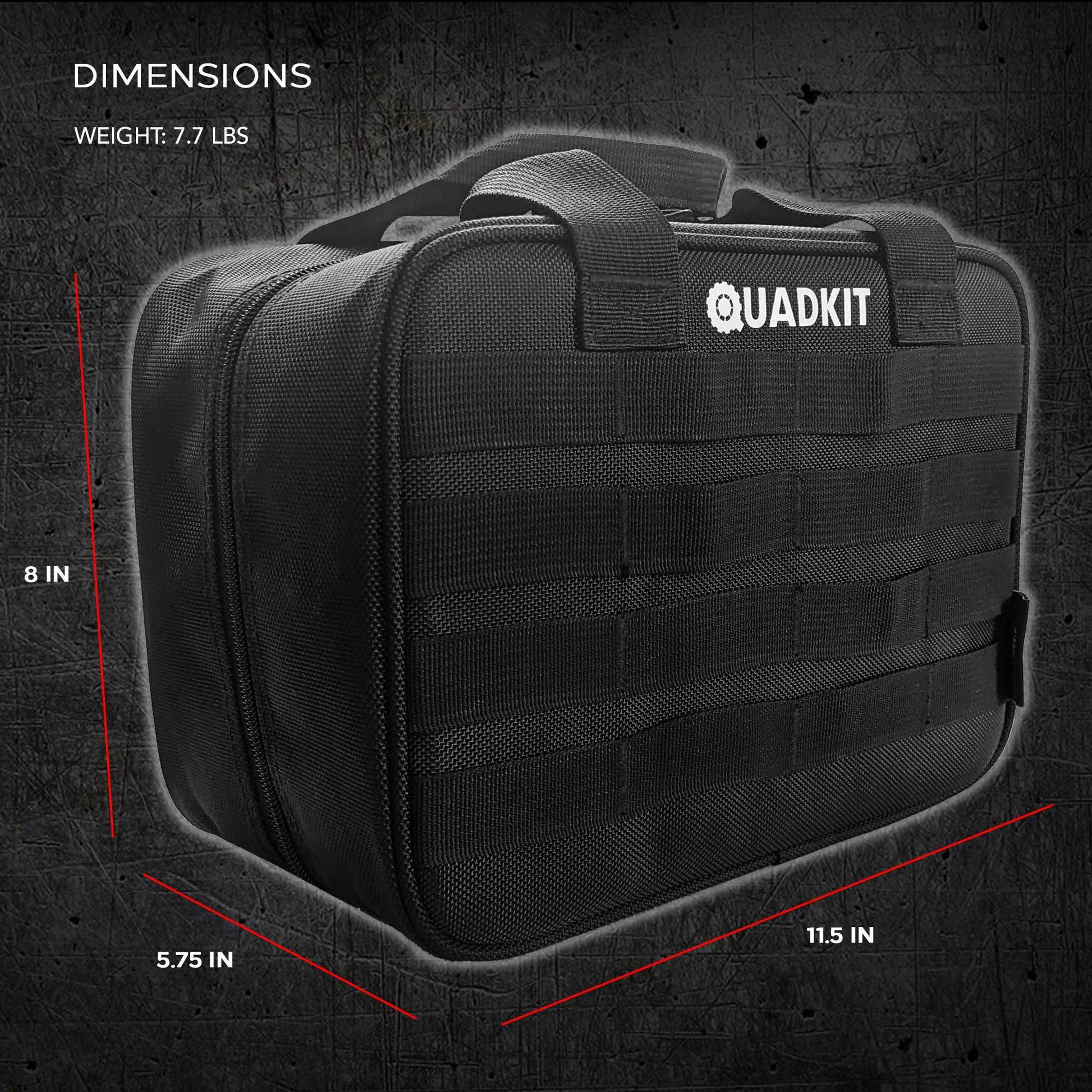 Black emergency kit storage bag with webbing panels and QUADKIT branding