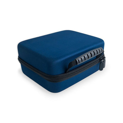 Blue small battery storage case with zippered lid and carrying handle.